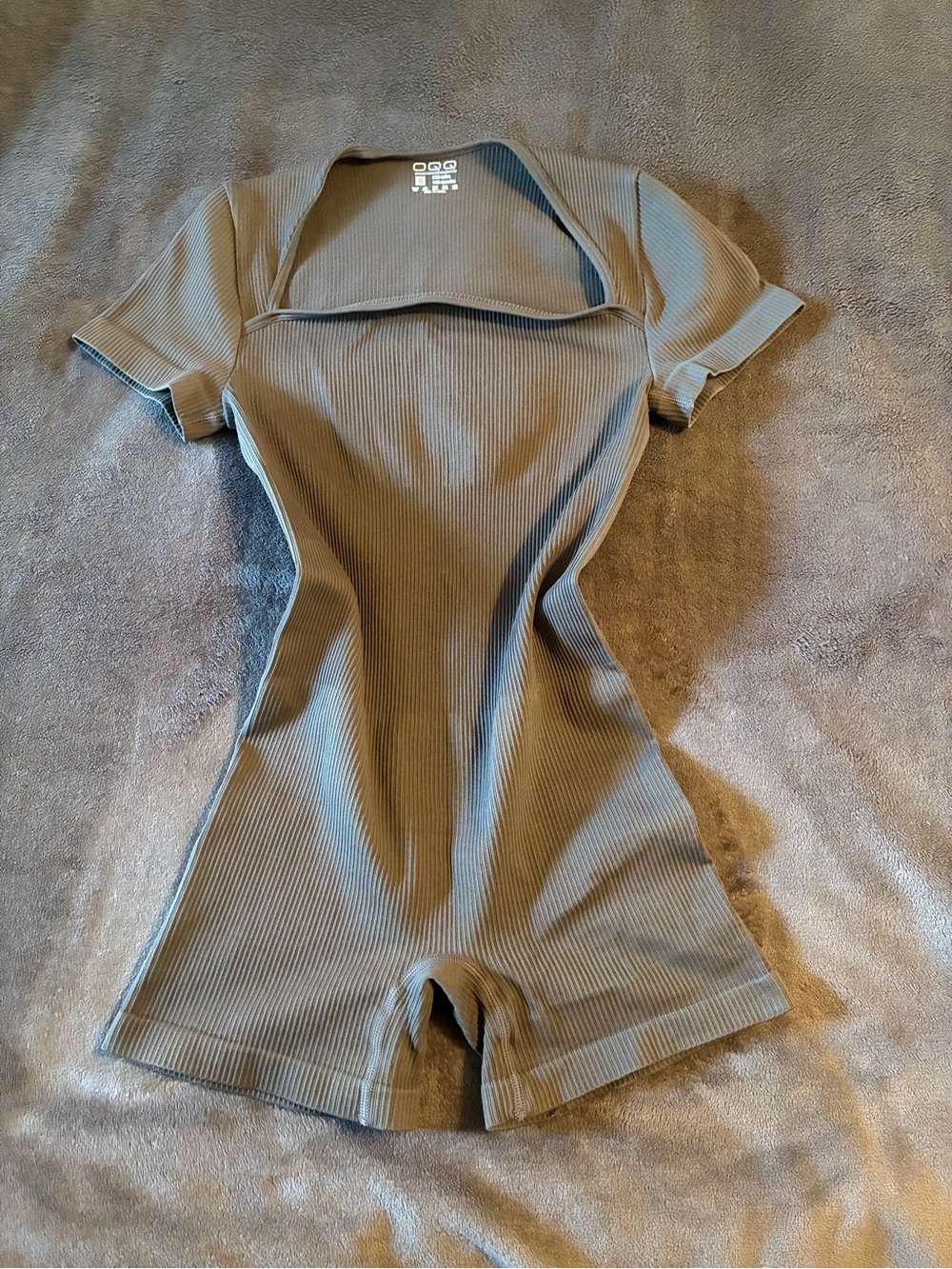OQQ Ribbed Square-Neck Short Sleeve Bodysuit Romper — Brown Grey